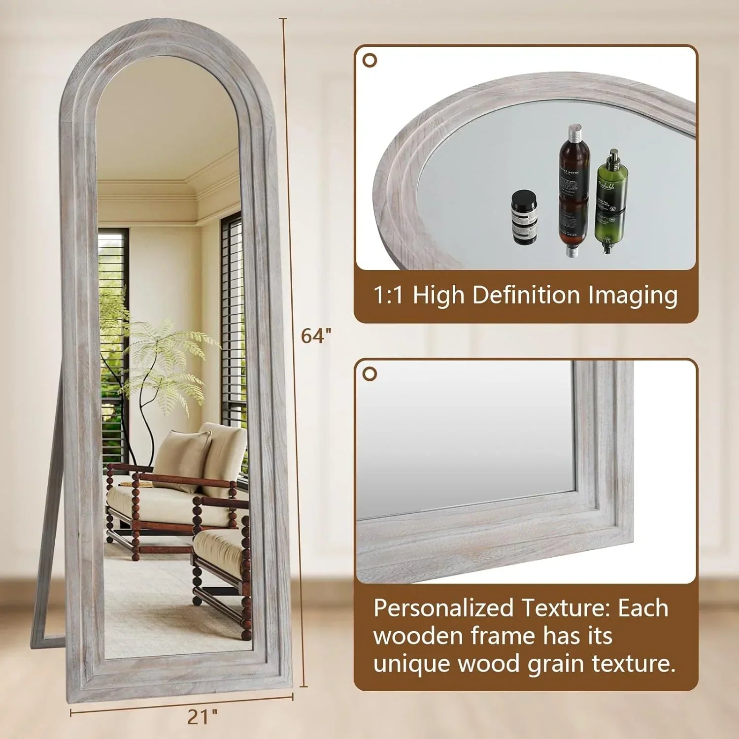 MELOMOIR Arched Full Length Mirror with Solid Wood Frame, 64"x21" Rustic Farmhouse Floor Mirror with Stand, Free Standing Leaning Hanging, for Bedroom Living Room Dressing Room, Distressed White