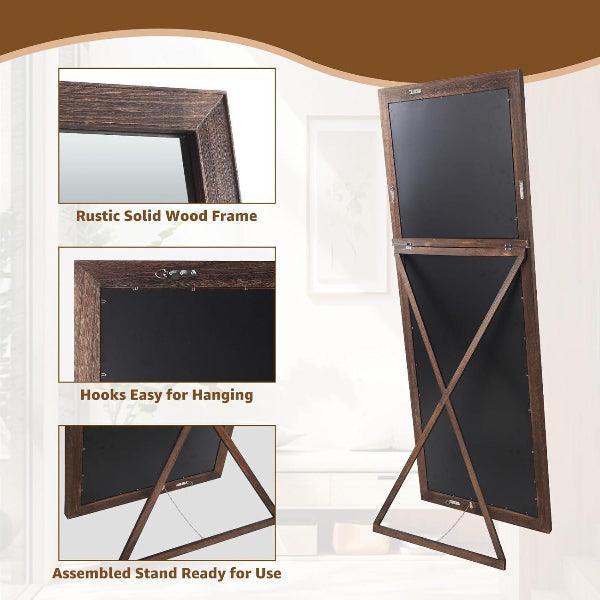 MELOMOIR Rustic Farmhouse Full Length Mirror, Wood Floor, Free Standing Leaning Hanging, Long for Bedroom Cloakroom, Wall Full Length, Charcoal-Grilled Brown - MIRRORONS