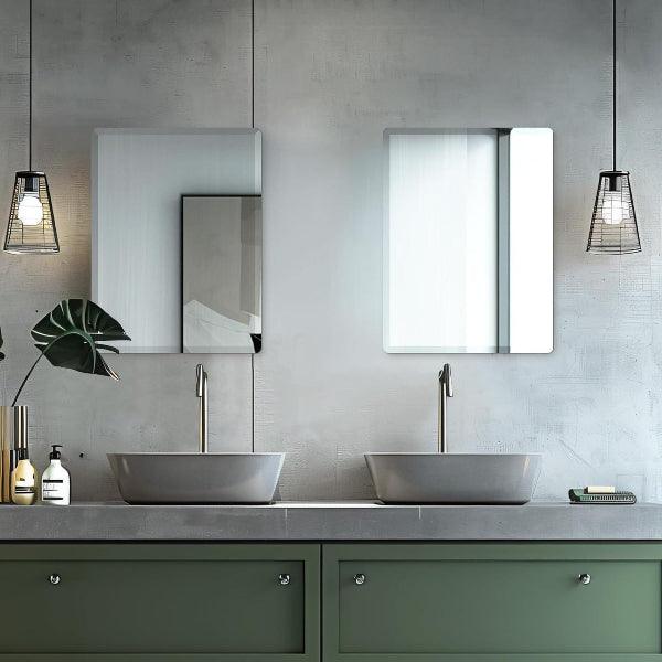 Mirrorons Beveled Mirror, Wall Mirror 18" x 24", Frameless Rectangle Bathroom Mirror with Beveled Edge, Hangs Horizontally or Vertically. Rounded Corner Tempered Mirror