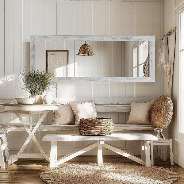 MELOMOIR Rustic Farmhouse Full Length Mirror, Wood Floor Mirror, Free Standing, Long for Bedroom, Living Room, Cloakroom, Weathering White - MIRRORONS