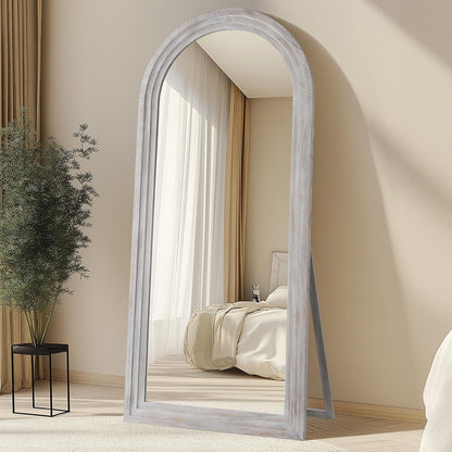 MELOMOIR Arched Full Length Mirror with Solid Wood Frame, 64"x21" Rustic Farmhouse Floor Mirror with Stand, Free Standing Leaning Hanging, for Bedroom Living Room Dressing Room, Distressed White