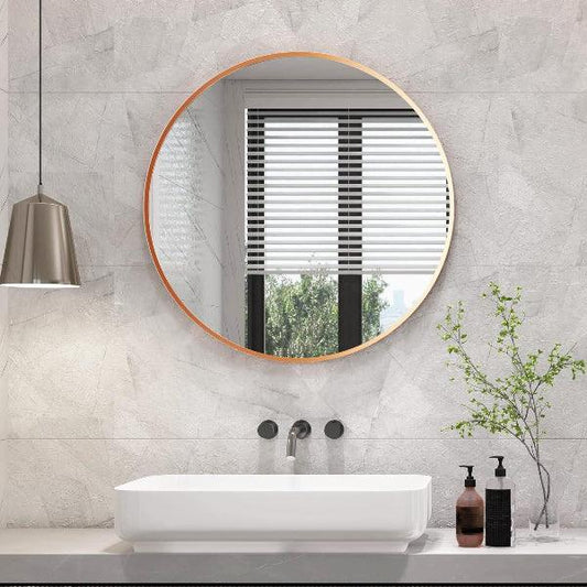 Rose Gold Mirror, Wall Mounted Circle Mirror, Shatterproof Round Bathroom Mirror, Metal Frame Vanity Mirror for Living Room Bedroom Entryways - MIRRORONS