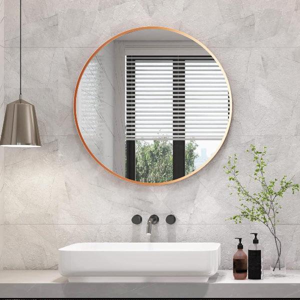 Rose Gold Mirror, Wall Mounted Circle Mirror, Shatterproof Round Bathroom Mirror, Metal Frame Vanity Mirror for Living Room Bedroom Entryways - MIRRORONS