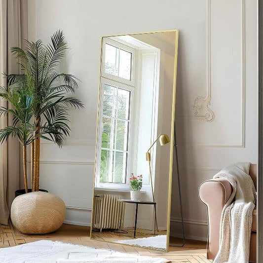 MELOMOIR Gold Mirror Full Length, Floor Mirror, Free Standing Mirror Hanging or Leaning, Aluminum Alloy Frame Full Body Mirror for Bedroom Living Room Cloakroom Hallway, Wall Mirror Full Length - MIRRORONS
