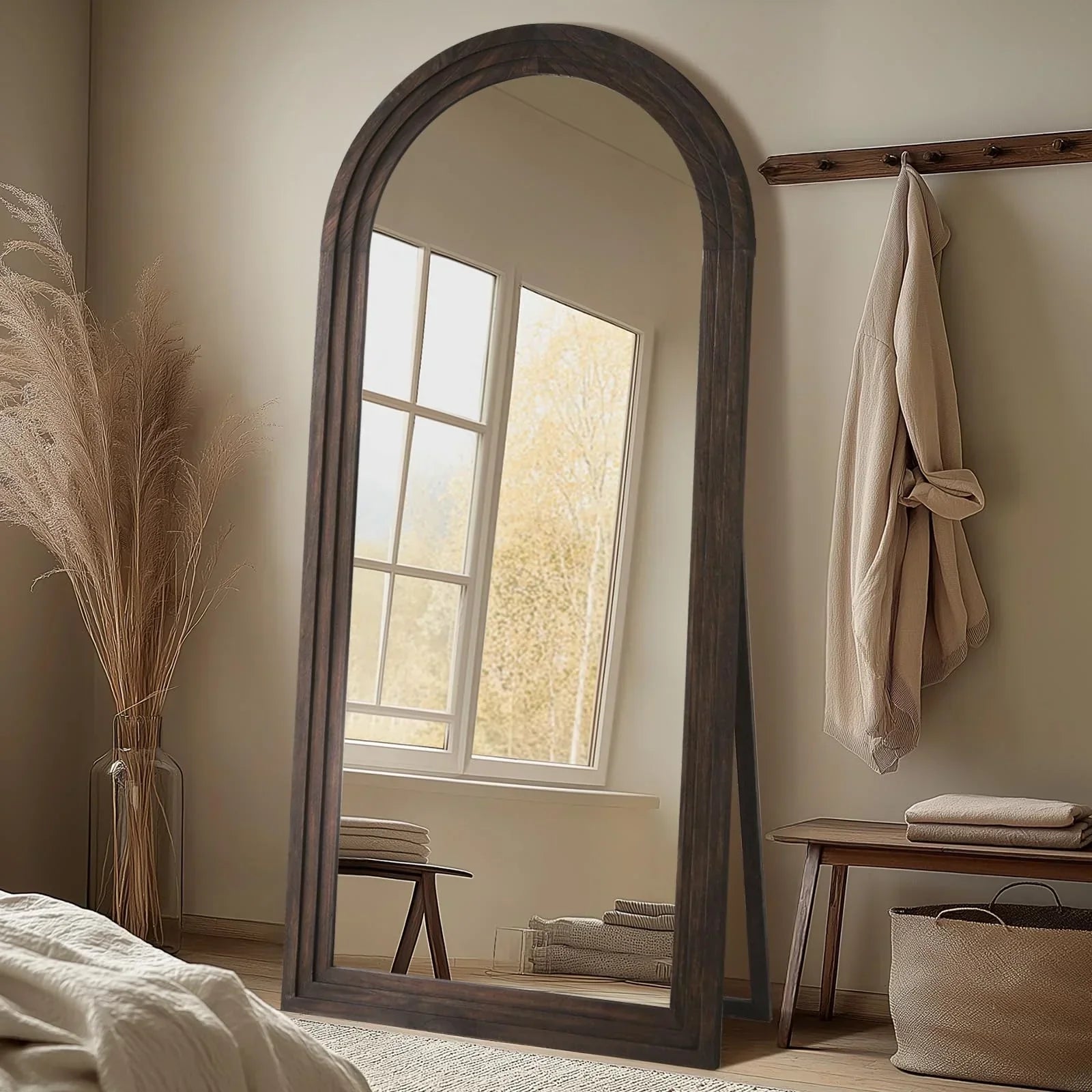 MELOMOIR Arched Full Length Mirror with Solid Wood Frame, 64"x21" Rustic Farmhouse Floor Mirror with Stand, Free Standing Leaning Hanging, for Bedroom Living Room Dressing Room, Distressed White