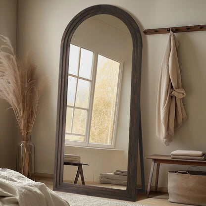 MELOMOIR Arched Full Length Mirror with Solid Wood Frame, 64"x21" Rustic Farmhouse Floor Mirror with Stand, Free Standing Leaning Hanging, for Bedroom Living Room Dressing Room, Distressed White