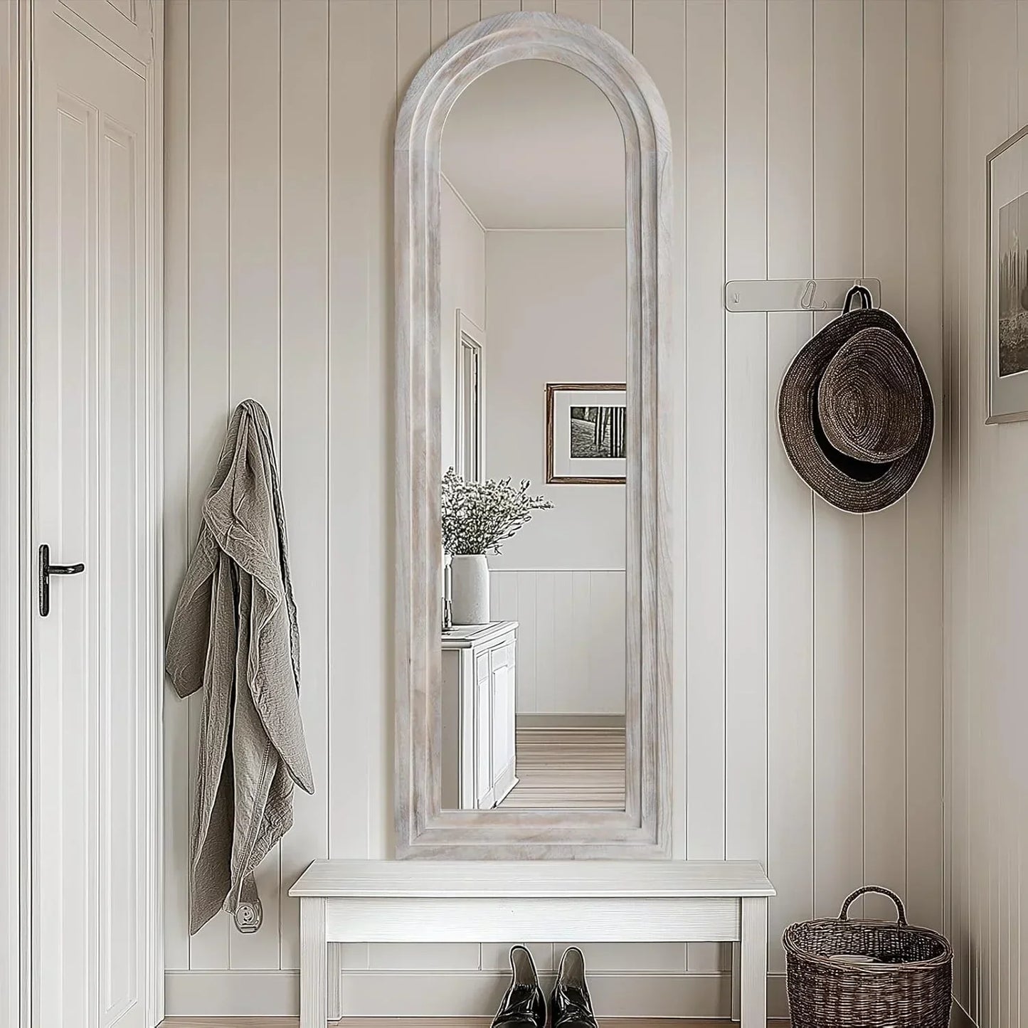 MELOMOIR Arched Full Length Mirror with Solid Wood Frame, 64"x21" Rustic Farmhouse Floor Mirror with Stand, Free Standing Leaning Hanging, for Bedroom Living Room Dressing Room, Distressed White