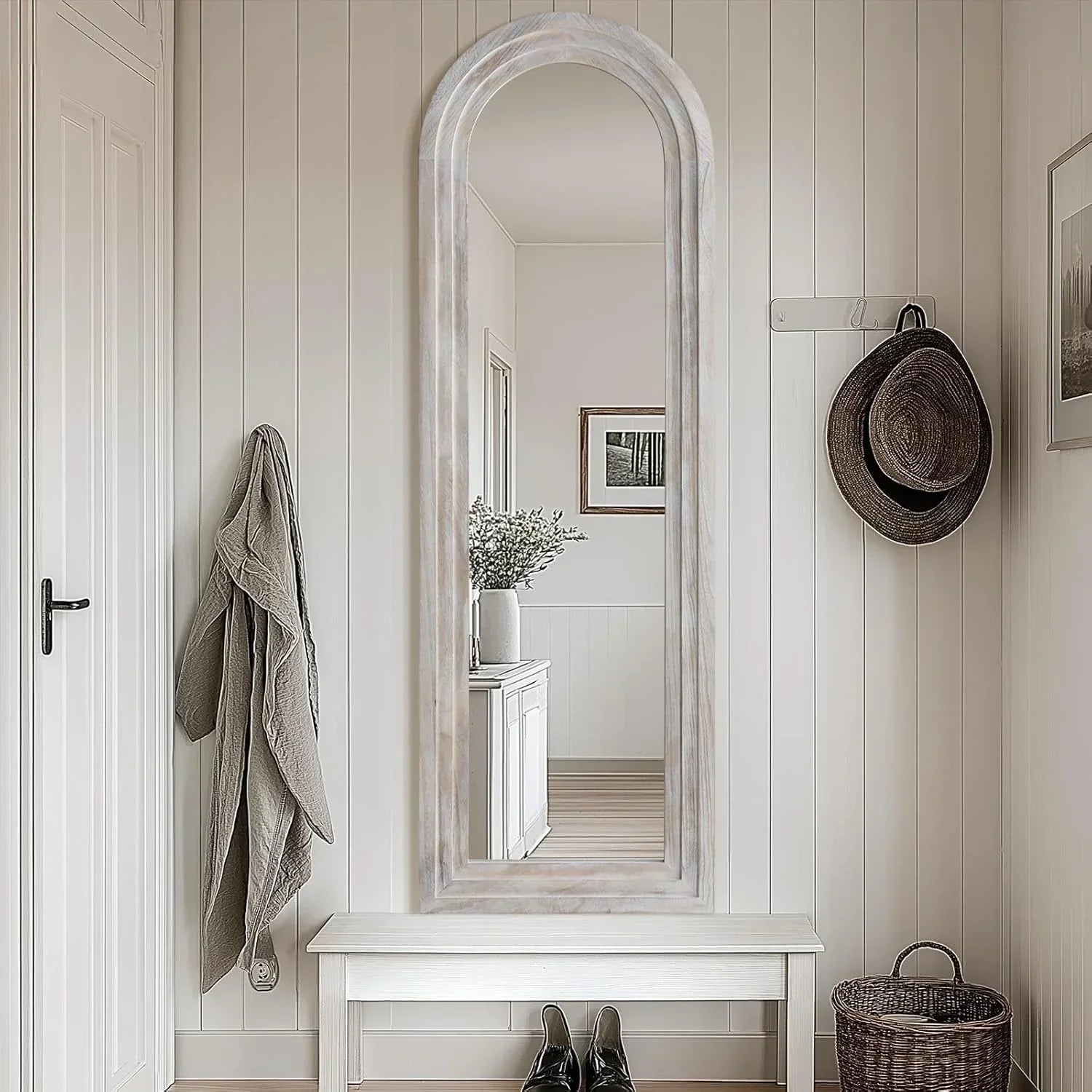 MELOMOIR Arched Full Length Mirror with Solid Wood Frame, 64"x21" Rustic Farmhouse Floor Mirror with Stand, Free Standing Leaning Hanging, for Bedroom Living Room Dressing Room, Distressed White