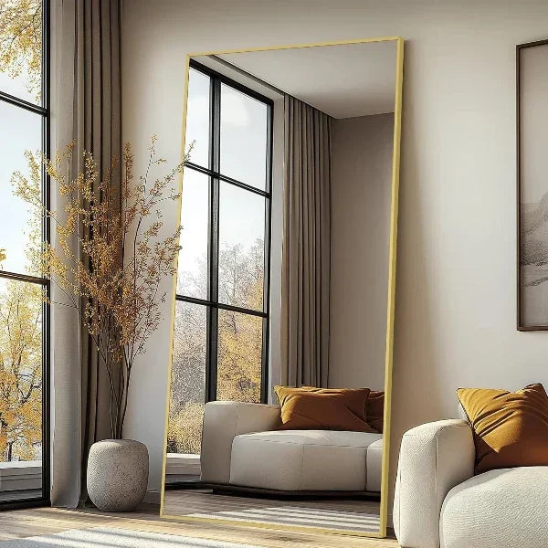 MELOMOIR Gold Mirror Full Length, Floor Mirror, Free Standing Mirror Hanging or Leaning, Aluminum Alloy Frame Full Body Mirror for Bedroom Living Room Cloakroom Hallway, Wall Mirror Full Length - MIRRORONS