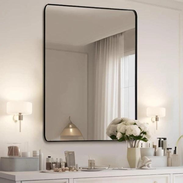 Black Bathroom Mirror, Black Wall Mirror, Matte Black Bathroom Vanity Mirror with Rounded Corner, Shatterproof (Horizontal/Vertical) - MIRRORONS