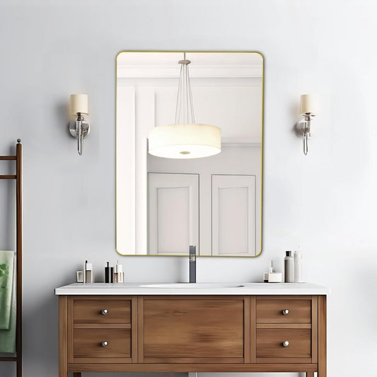 Gold Bathroom Mirror, Gold Wall Mirror, Matte Gold Bathroom Vanity Mirror with Rounded Corner, Shatterproof (Horizontal/Vertical)