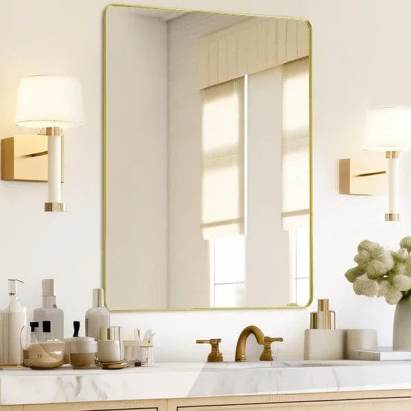 Gold Bathroom Mirror, Gold Wall Mirror, Matte Gold Bathroom Vanity Mirror with Rounded Corner, Shatterproof (Horizontal/Vertical) - MIRRORONS