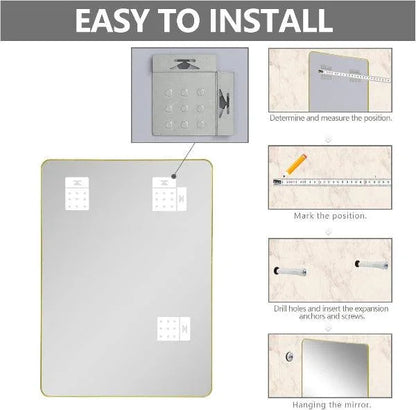 Gold Bathroom Mirror, Gold Wall Mirror, Matte Gold Bathroom Vanity Mirror with Rounded Corner, Shatterproof (Horizontal/Vertical) - MIRRORONS