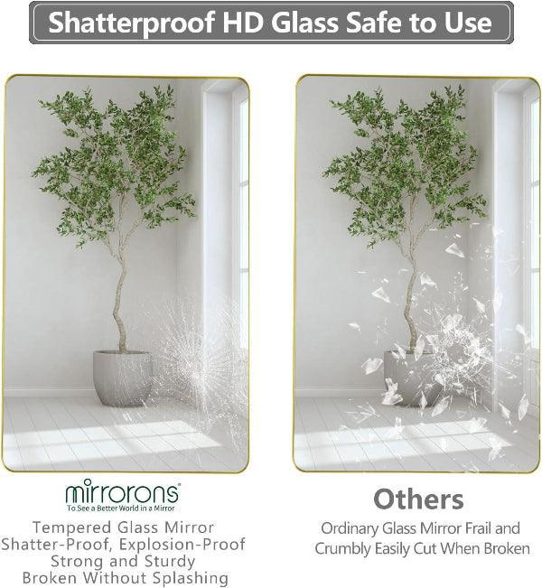 Gold Bathroom Mirror, Gold Wall Mirror, Matte Gold Bathroom Vanity Mirror with Rounded Corner, Shatterproof (Horizontal/Vertical) - MIRRORONS