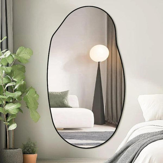 Mirrorons Irregular Wall Mirror 51×28, Black Asymmetrical Bathroom Mirror, Oval Aesthetic Mirror, Full Length Mirror, Shatterproof Black Bathroom Mirrors