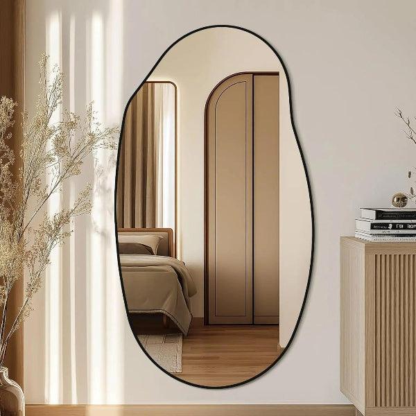 Mirrorons Irregular Wall Mirror 51×28, Black Asymmetrical Bathroom Mirror, Oval Aesthetic Mirror, Full Length Mirror, Shatterproof Black Bathroom Mirrors