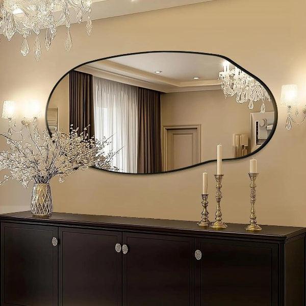 Mirrorons Irregular Wall Mirror 51×28, Black Asymmetrical Bathroom Mirror, Oval Aesthetic Mirror, Full Length Mirror, Shatterproof Black Bathroom Mirrors