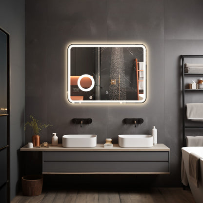 Crater LED Bathroom Mirror, Front Backlight, Touch Switch, 3x Magnifying Glass, Tri-color Dimmable, 5mm Tempered Glass, Anti-fog, Horizontal Wall Mount Only