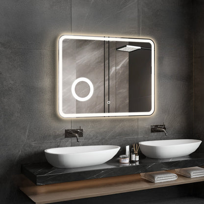 Crater LED Bathroom Mirror, Front Backlight, Touch Switch, 3x Magnifying Glass, Tri-color Dimmable, 5mm Tempered Glass, Anti-fog, Horizontal Wall Mount Only