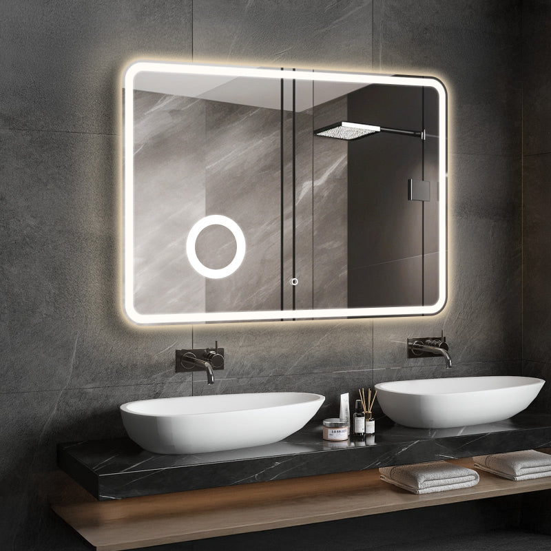 Crater LED Bathroom Mirror, Front Backlight, Touch Switch, 3x Magnifying Glass, Tri-color Dimmable, 5mm Tempered Glass, Anti-fog, Horizontal Wall Mount Only