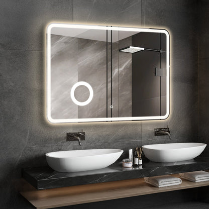 Crater LED Bathroom Mirror, Front Backlight, Touch Switch, 3x Magnifying Glass, Tri-color Dimmable, 5mm Tempered Glass, Anti-fog, Horizontal Wall Mount Only