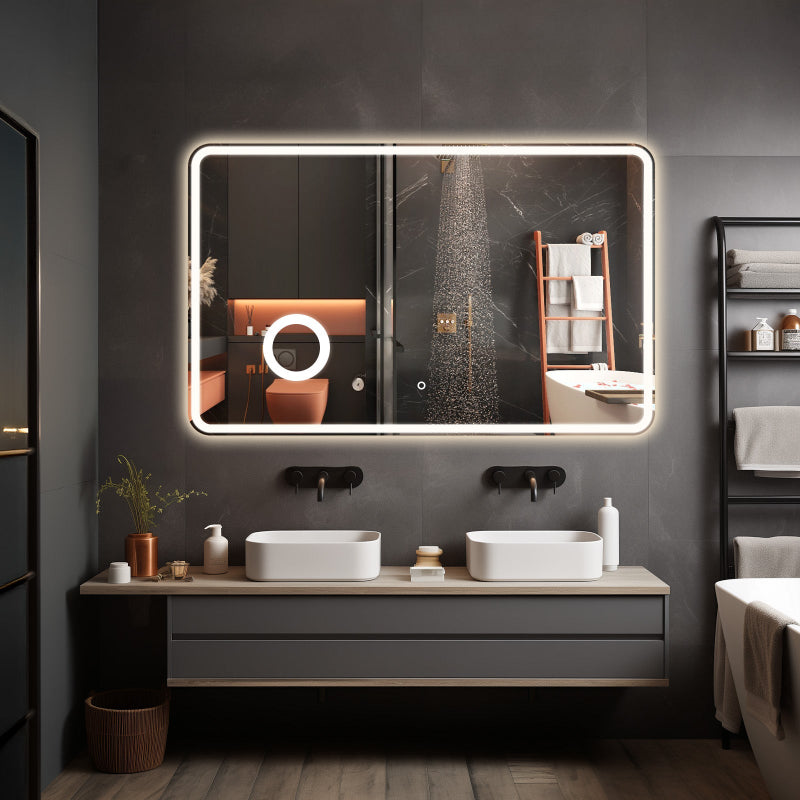 Crater LED Bathroom Mirror, Front Backlight, Touch Switch, 3x Magnifying Glass, Tri-color Dimmable, 5mm Tempered Glass, Anti-fog, Horizontal Wall Mount Only