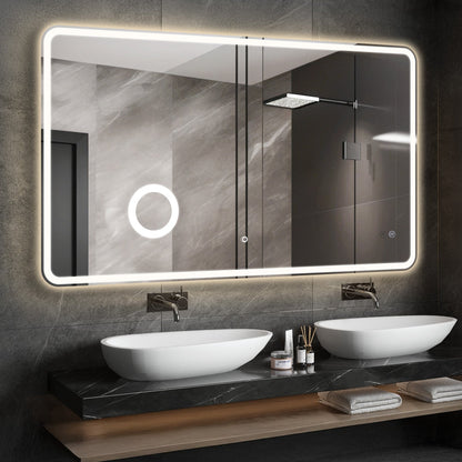 Crater LED Bathroom Mirror, Front Backlight, Touch Switch, 3x Magnifying Glass, Tri-color Dimmable, 5mm Tempered Glass, Anti-fog, Horizontal Wall Mount Only