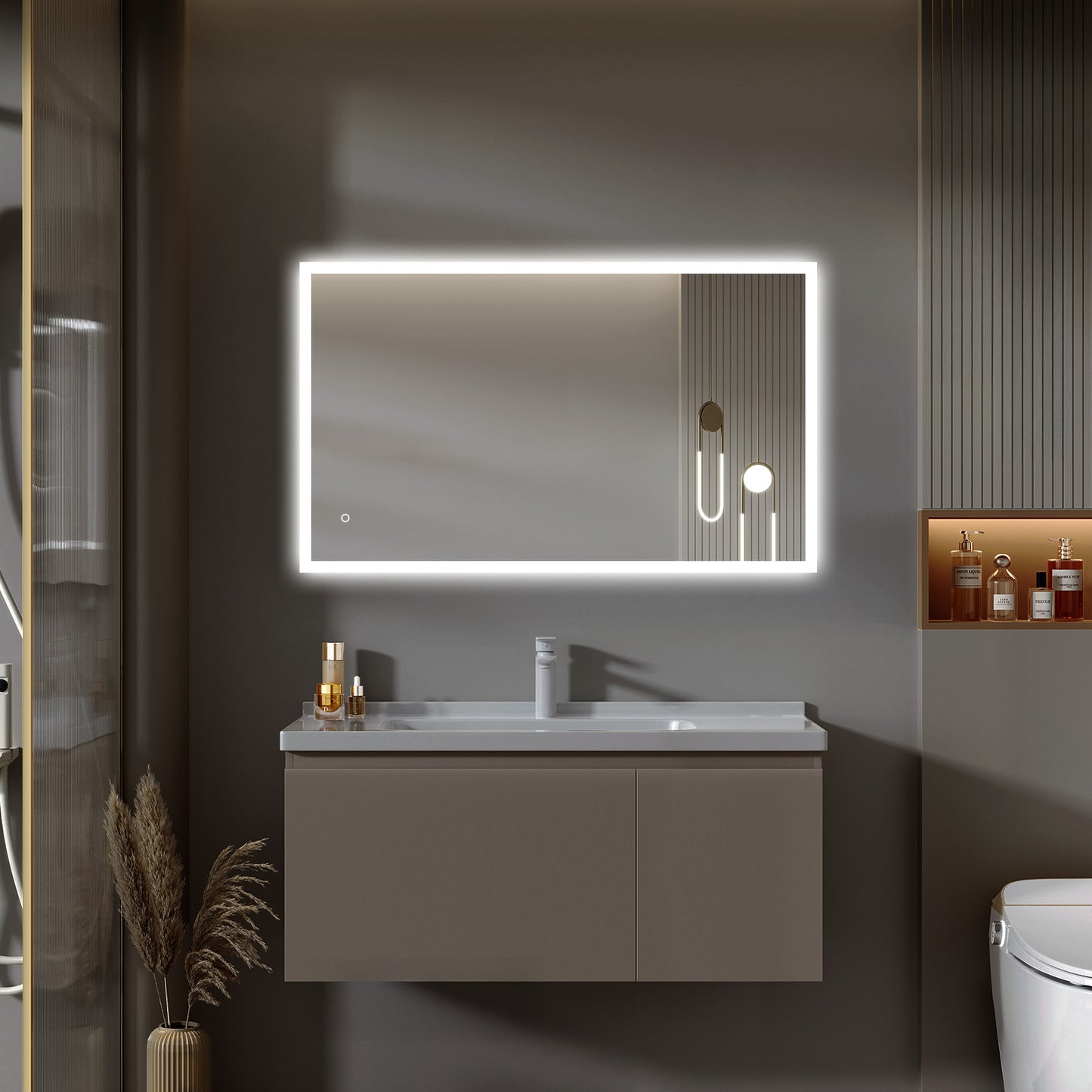 Carina Rectangular LED Bathroom Mirror, Rear acrylic diffusor, Aluminum Profile, Tri-Color Adjustable, Stepless Dimming, Anti-Fog