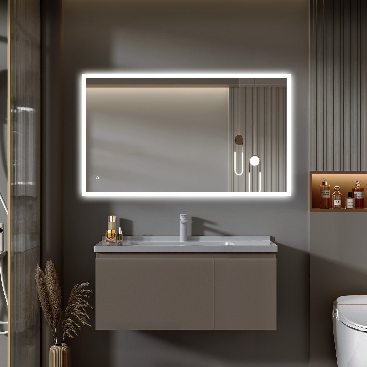 Carina Rectangular LED Bathroom Mirror, Rear acrylic diffusor, Aluminum Profile, Tri-Color Adjustable, Stepless Dimming, Anti-Fog