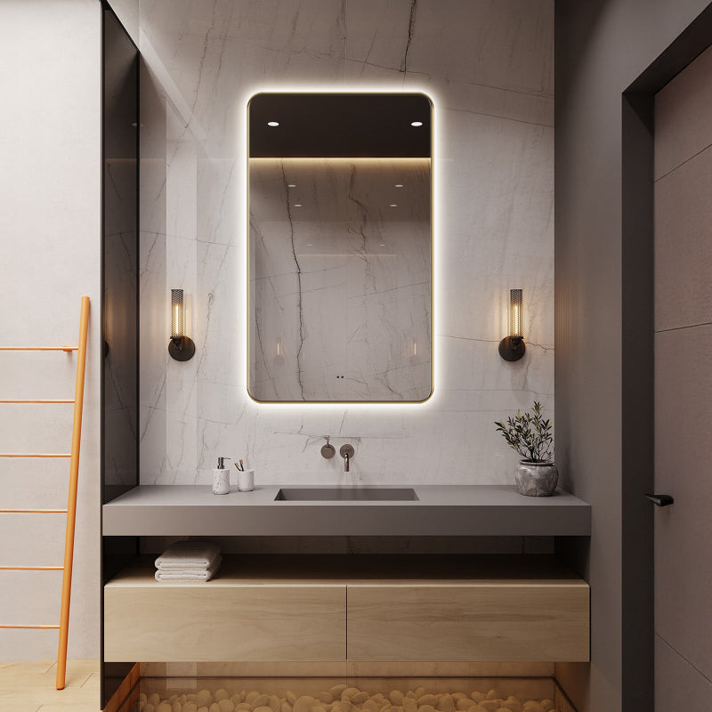 Delphinus Rectangle LED Bathroom Mirror with Lights, Brushed Blonde Metal Framed LED Mirror for Bathroom, 3 Colors and Stepless Dimmable, Anti-Fog