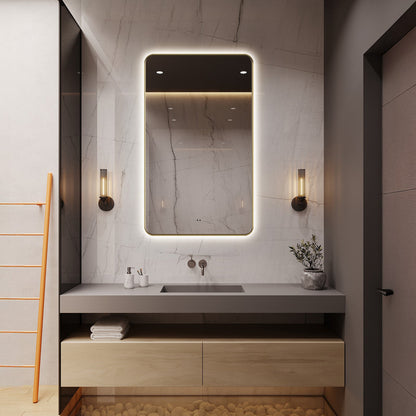 Delphinus Rectangle LED Bathroom Mirror with Lights, Brushed Blonde Metal Framed LED Mirror for Bathroom, 3 Colors and Stepless Dimmable, Anti-Fog