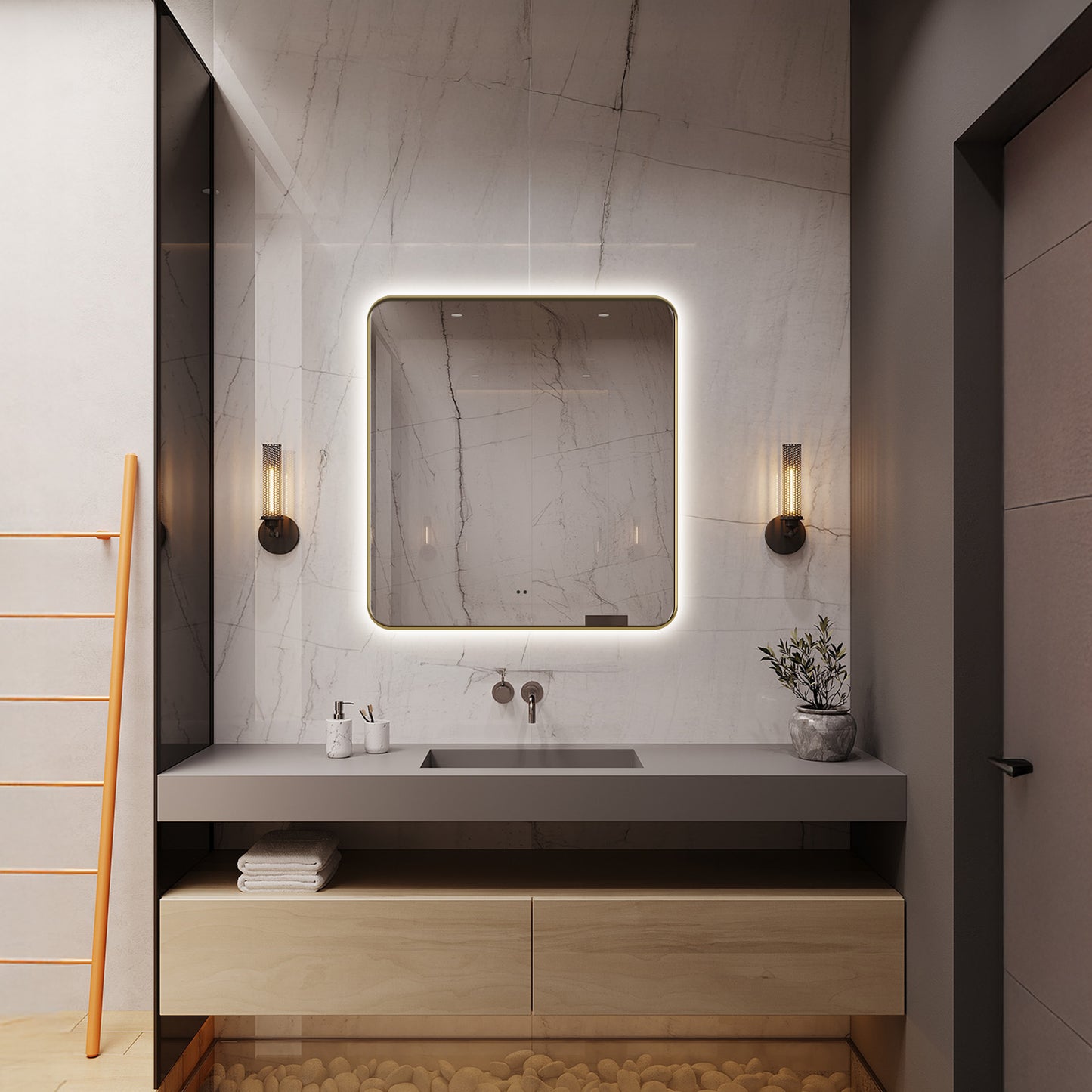 Delphinus Rectangle LED Bathroom Mirror with Lights, Brushed Blonde Metal Framed LED Mirror for Bathroom, 3 Colors and Stepless Dimmable, Anti-Fog