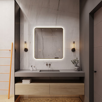 Delphinus Rectangle LED Bathroom Mirror with Lights, Brushed Blonde Metal Framed LED Mirror for Bathroom, 3 Colors and Stepless Dimmable, Anti-Fog