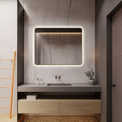 Delphinus Rectangle LED Bathroom Mirror with Lights, Brushed Blonde Metal Framed LED Mirror for Bathroom, 3 Colors and Stepless Dimmable, Anti-Fog