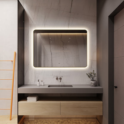 Delphinus Rectangle LED Bathroom Mirror with Lights, Brushed Blonde Metal Framed LED Mirror for Bathroom, 3 Colors and Stepless Dimmable, Anti-Fog