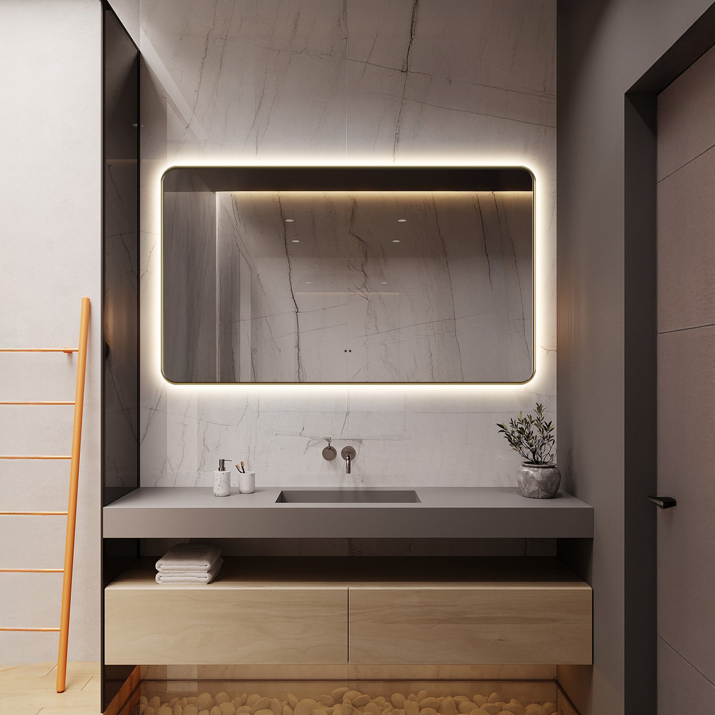 Delphinus Rectangle LED Bathroom Mirror with Lights, Brushed Blonde Metal Framed LED Mirror for Bathroom, 3 Colors and Stepless Dimmable, Anti-Fog