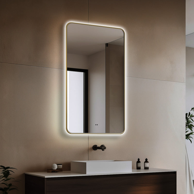 Delphinus Rectangle LED Bathroom Mirror with Lights, Brushed Blonde Metal Framed LED Mirror for Bathroom, 3 Colors and Stepless Dimmable, Anti-Fog