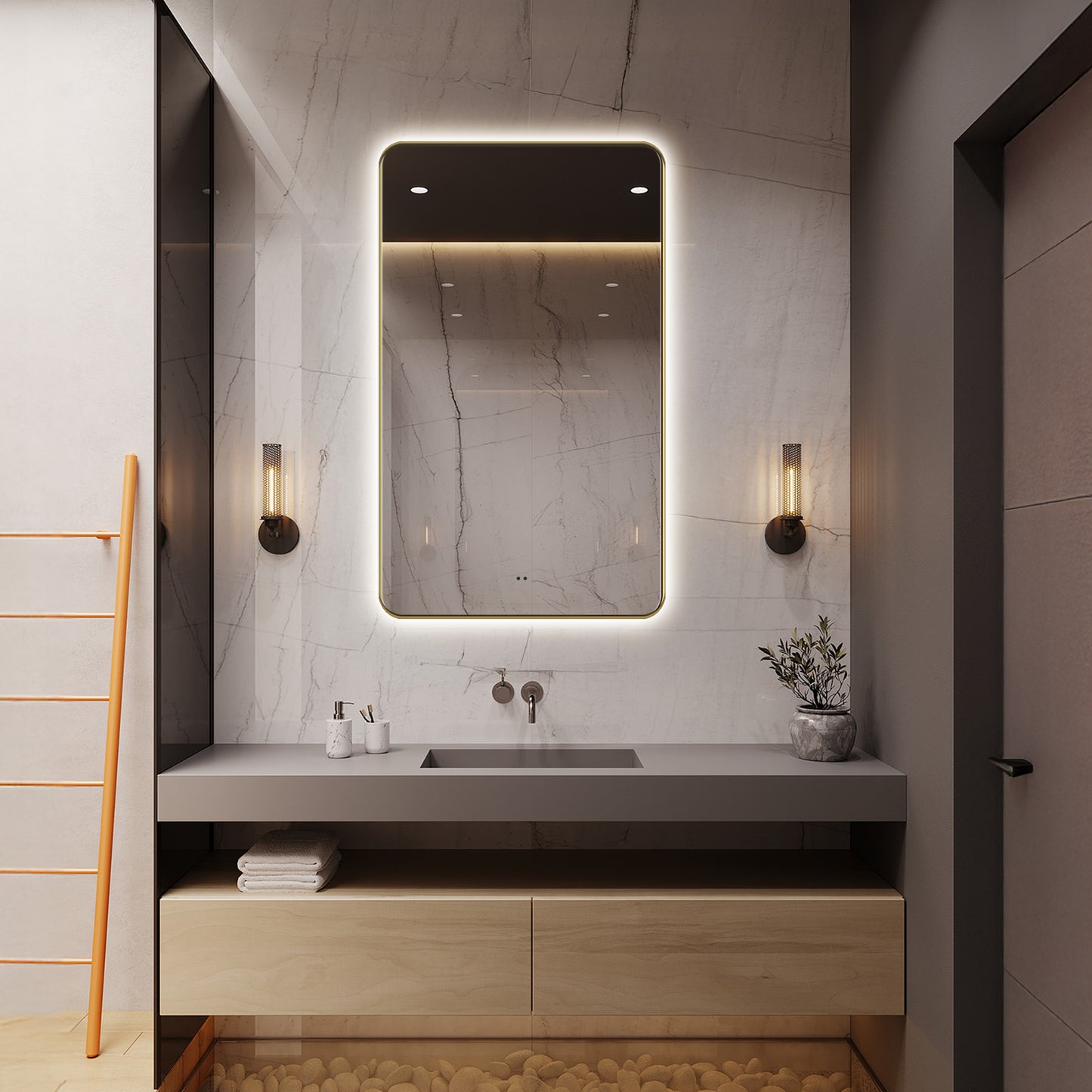 Delphinus Rectangle LED Bathroom Mirror with Lights, Brushed Blonde Metal Framed LED Mirror for Bathroom, 3 Colors and Stepless Dimmable, Anti-Fog