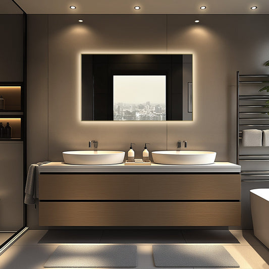 Apus Brushed Blonde LED Bathroom Mirror, Backlit, Aluminum Profile, Tri-Color Adjustable, Stepless Dimming, Anti-Fog