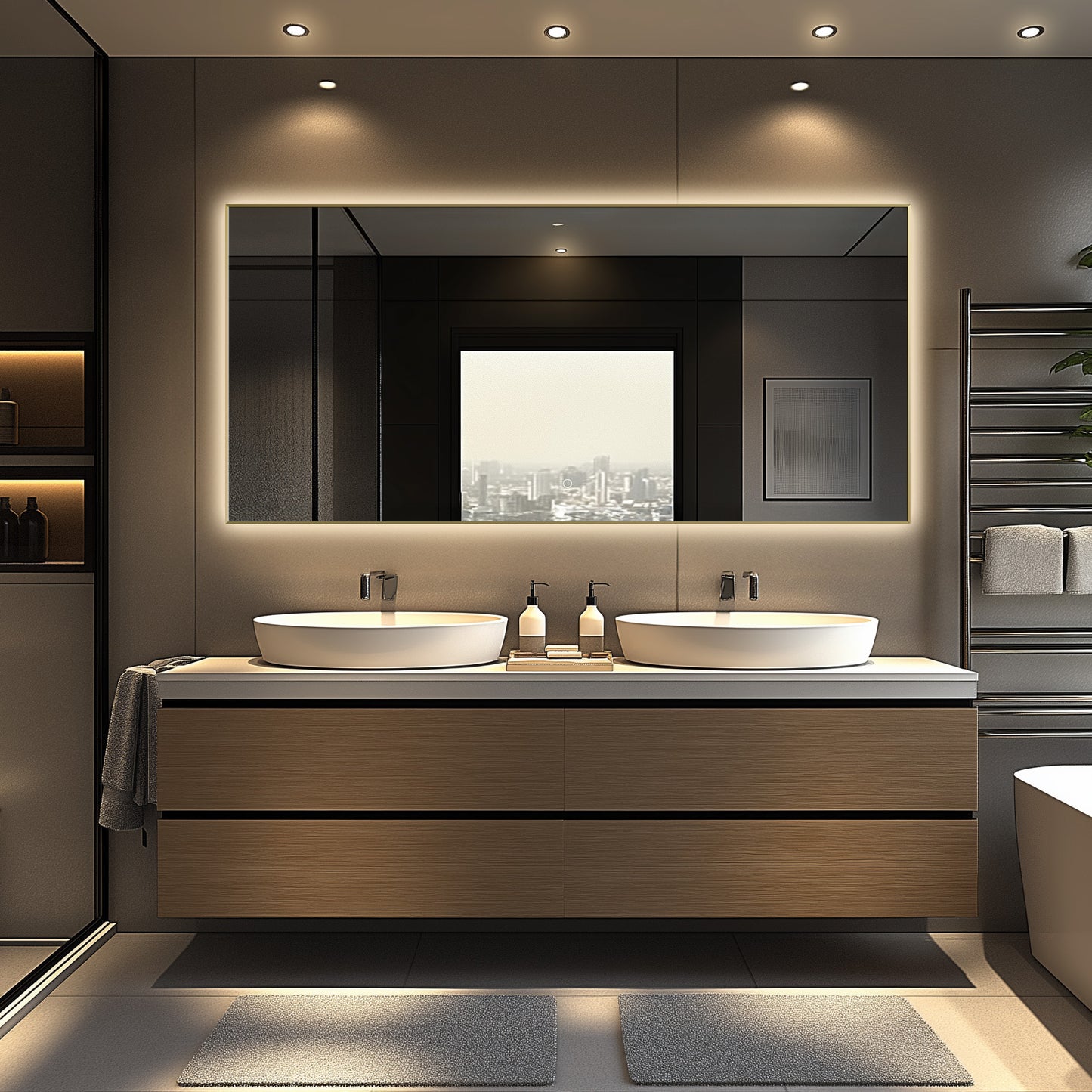Apus Brushed Blonde LED Bathroom Mirror, Backlit, Aluminum Profile, Tri-Color Adjustable, Stepless Dimming, Anti-Fog
