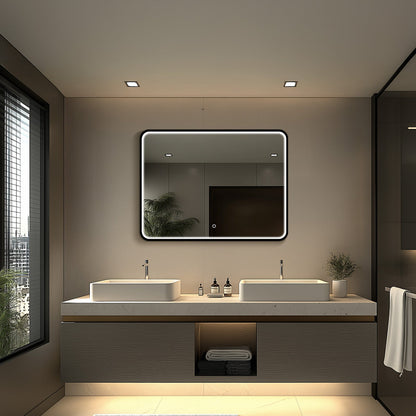 Taurus LED Bathroom Mirror with Lights, Black Metal Framed LED Mirror for Bathroom, 3 Colors and Stepless Dimmable Wall Mounted Lighted Bathroom Vanity Mirror, Anti-Fog