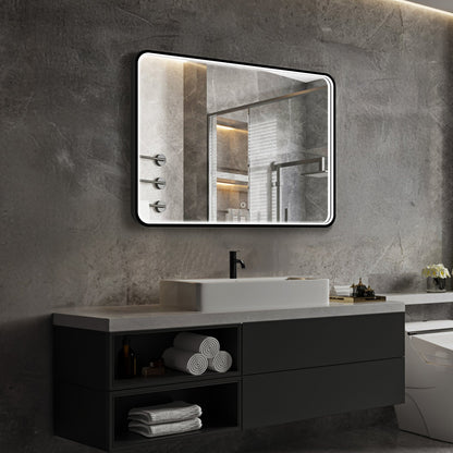 Taurus LED Bathroom Mirror with Lights, Black Metal Framed LED Mirror for Bathroom, 3 Colors and Stepless Dimmable Wall Mounted Lighted Bathroom Vanity Mirror, Anti-Fog
