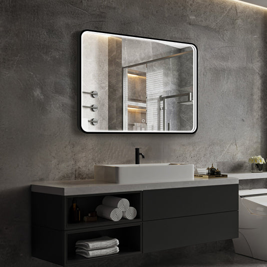 Taurus LED Bathroom Mirror with Lights, Black Metal Framed LED Mirror for Bathroom, 3 Colors and Stepless Dimmable Wall Mounted Lighted Bathroom Vanity Mirror, Anti-Fog