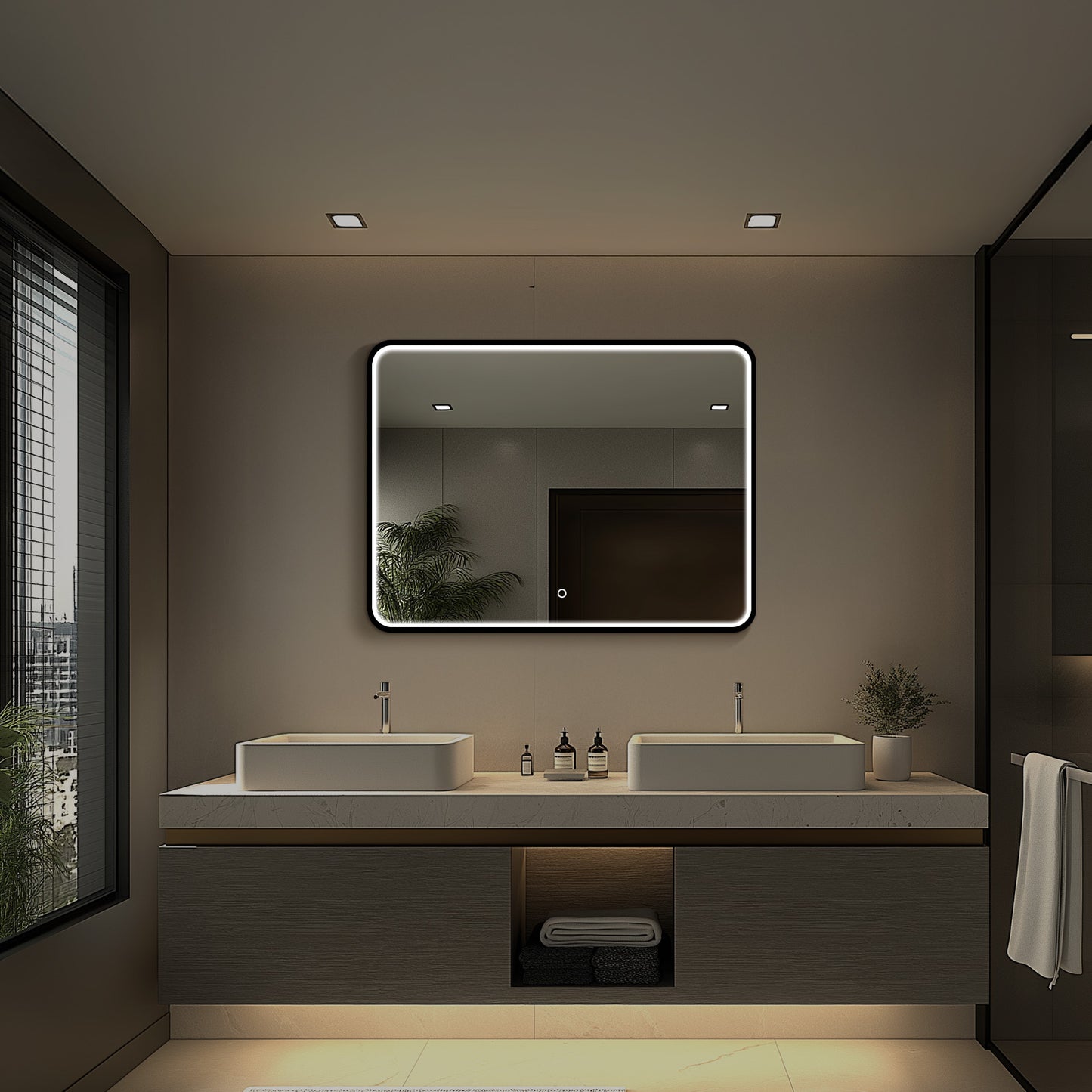 Taurus LED Bathroom Mirror with Lights, Black Metal Framed LED Mirror for Bathroom, 3 Colors and Stepless Dimmable Wall Mounted Lighted Bathroom Vanity Mirror, Anti-Fog