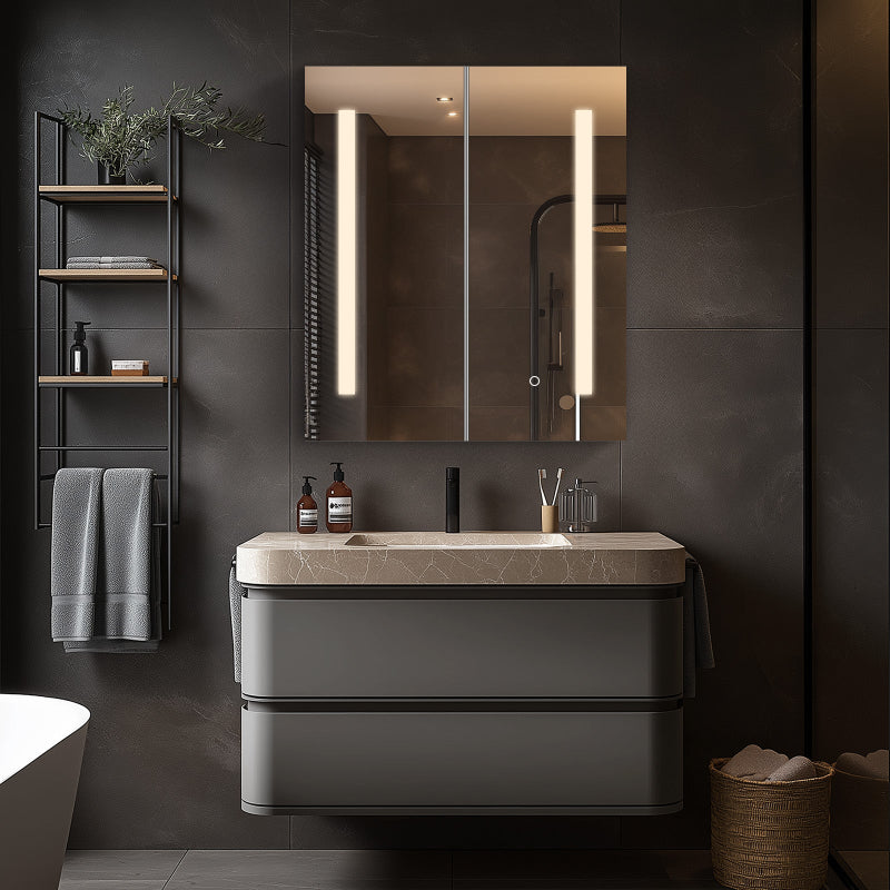 Mirrorons Medicine Cabinet with LED Lights, Rectangle, 25 x 28 Inch, Defogger, 3-Color Mode, Dimmer, Silver Gray