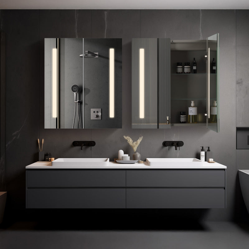 Mirrorons Medicine Cabinet with LED Lights, Rectangle, 25 x 28 Inch, Defogger, 3-Color Mode, Dimmer, Silver Gray