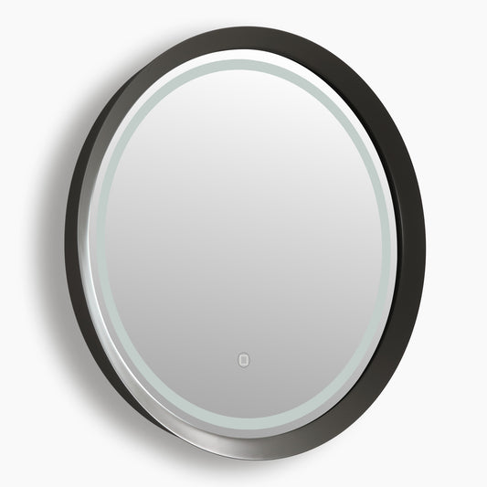 Columba Round LED Bathroom Mirror with Lights, Frosted Grey Metal Framed LED Mirror for Bathroom, 3 Colors and Stepless Dimmable Flared Frame Bathroom Vanity Mirror, Anti-Fog