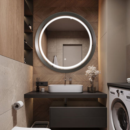 Columba Round LED Bathroom Mirror with Lights, Frosted Grey Metal Framed LED Mirror for Bathroom, 3 Colors and Stepless Dimmable Flared Frame Bathroom Vanity Mirror, Anti-Fog