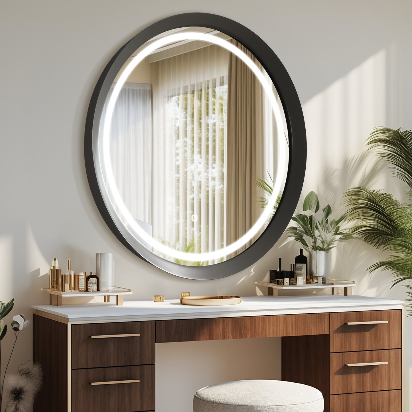 Columba Round LED Bathroom Mirror with Lights, Frosted Grey Metal Framed LED Mirror for Bathroom, 3 Colors and Stepless Dimmable Flared Frame Bathroom Vanity Mirror, Anti-Fog