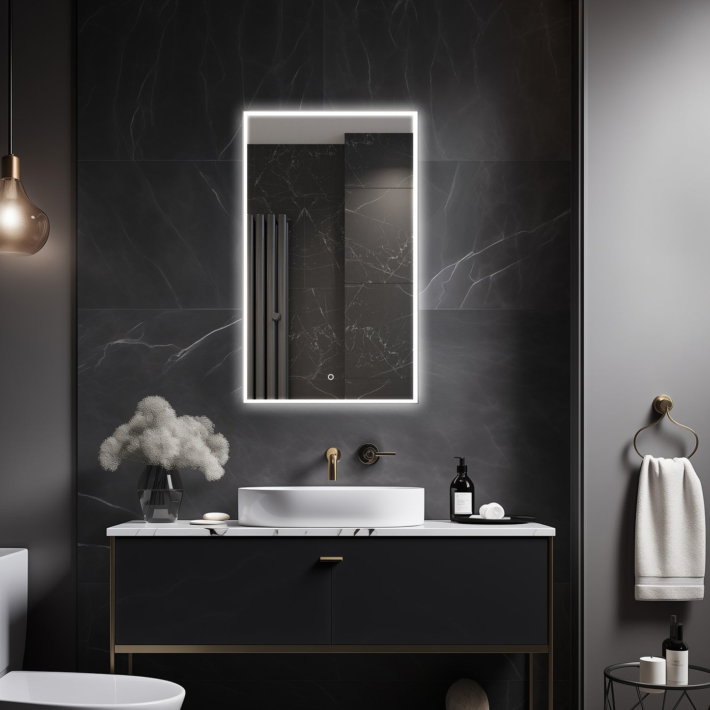 Sextans Rectangle LED Bathroom Mirror with Lights, Frosted Grey Metal Framed LED Mirror for Bathroom, 3 Colors and Stepless Dimmable, Anti-Fog